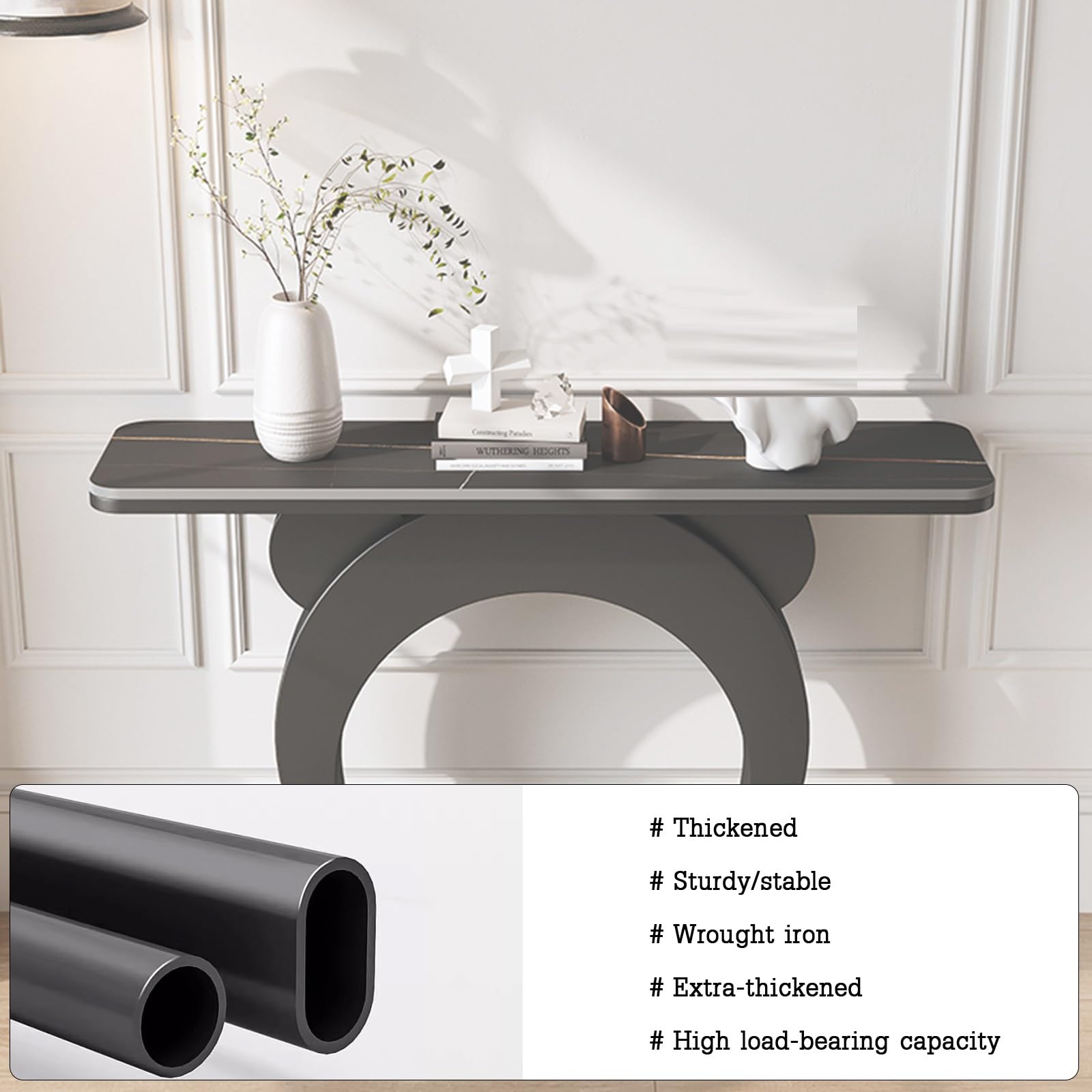 Table d'entrée étroite avec 2 niveaux de rangement, base en métal, plateau en bois pour couloir, salon