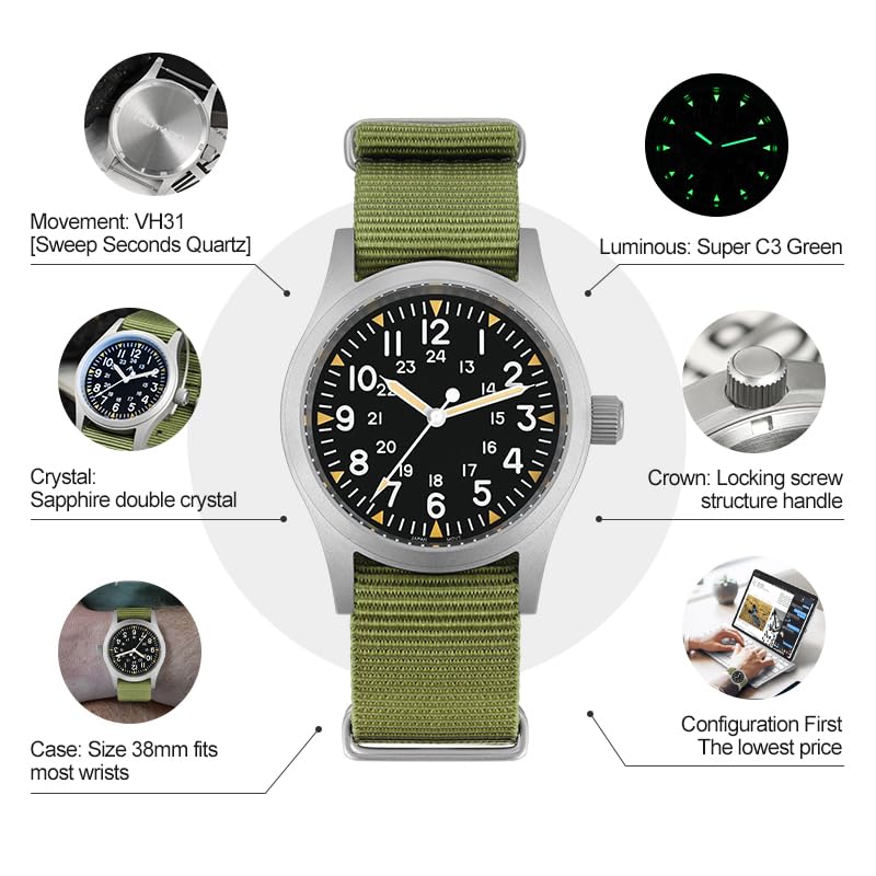 Image of Militado ML05 38mm VH31 Quartz Watch - Domed Sapphire Crystal Field Watch C3 Super Luminous Retro Sweep Wrist Watch for Men 100M Waterproof