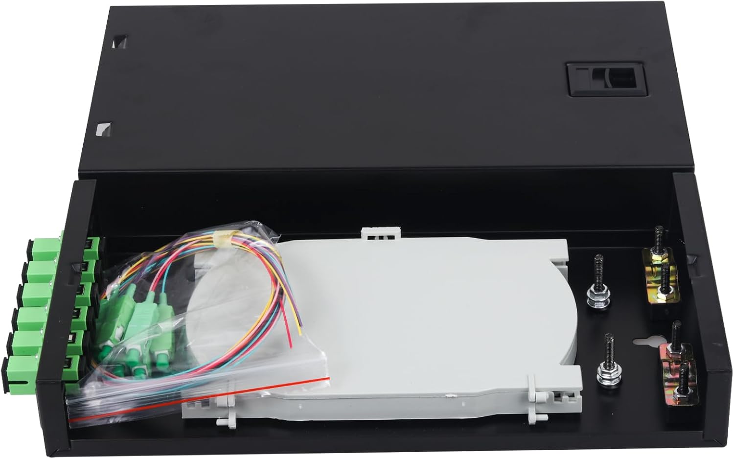 Xunsomten-12 Singlemode 12 Port SC-APC Rack Mount Enclosure Box & Splice Trays Fiber Cables Kit, 12 Core LGX Loaded Patch Panel Box fits for 19" Racks Cabinet (Include Pigtail & Couplers)