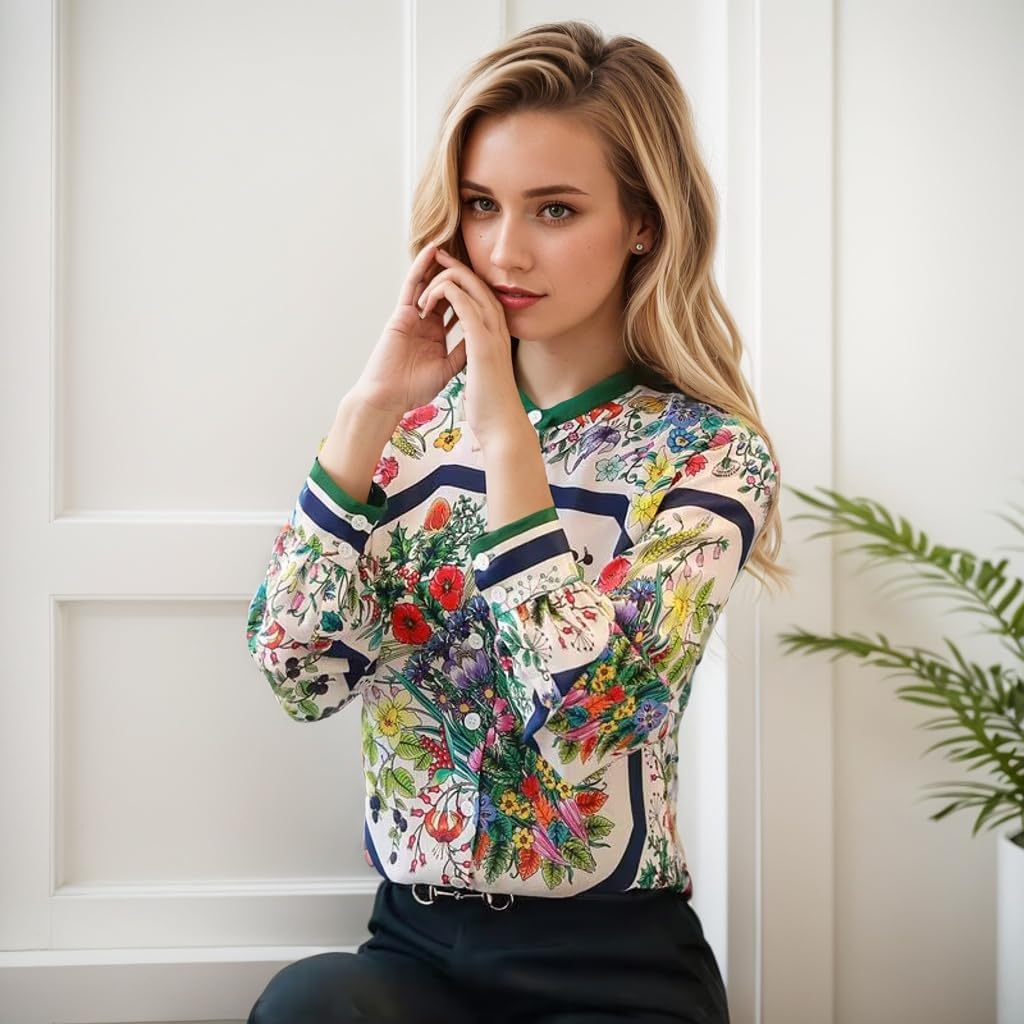 Women's Printed Flowers Commercial Long Sleeved Casual Loose Lapel Button Down Shirt Blouse Tops. - Image 6