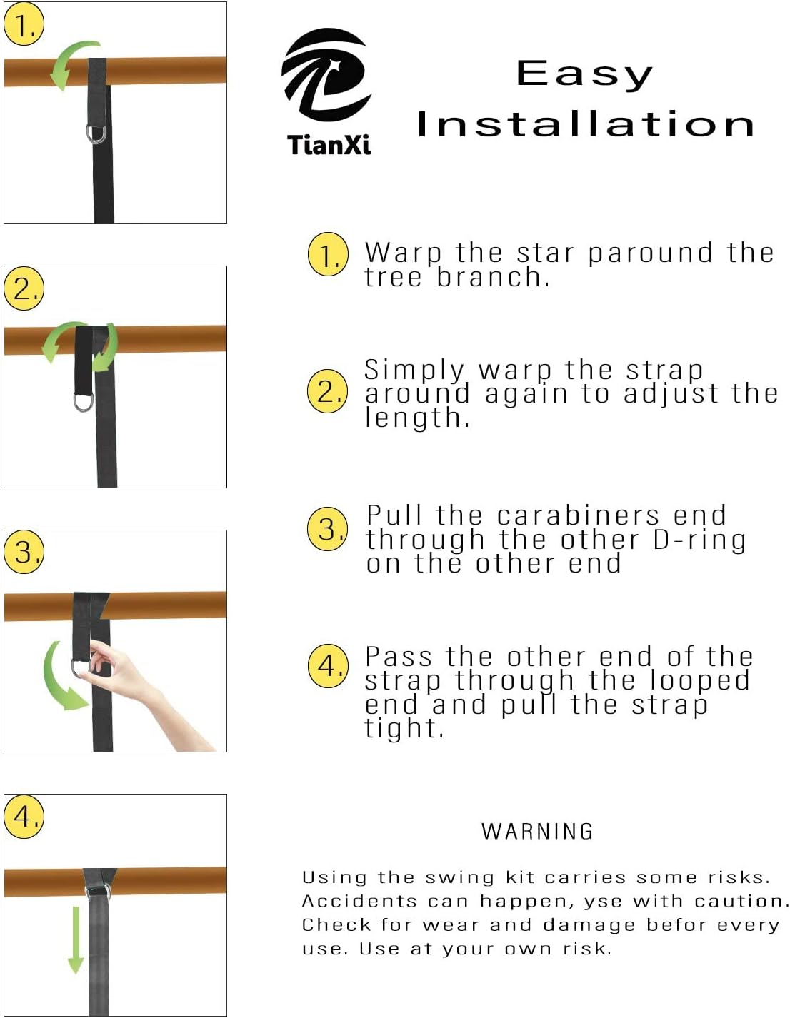 Tree Swing Hanging Strap - 5ft Swing Straps Outdoor Suspension Accessories Kit, Holds 2200lbs with Stainless Carabiners, Easy Installation, Perfect for Baby/Garden/Toddler Swing (Black)