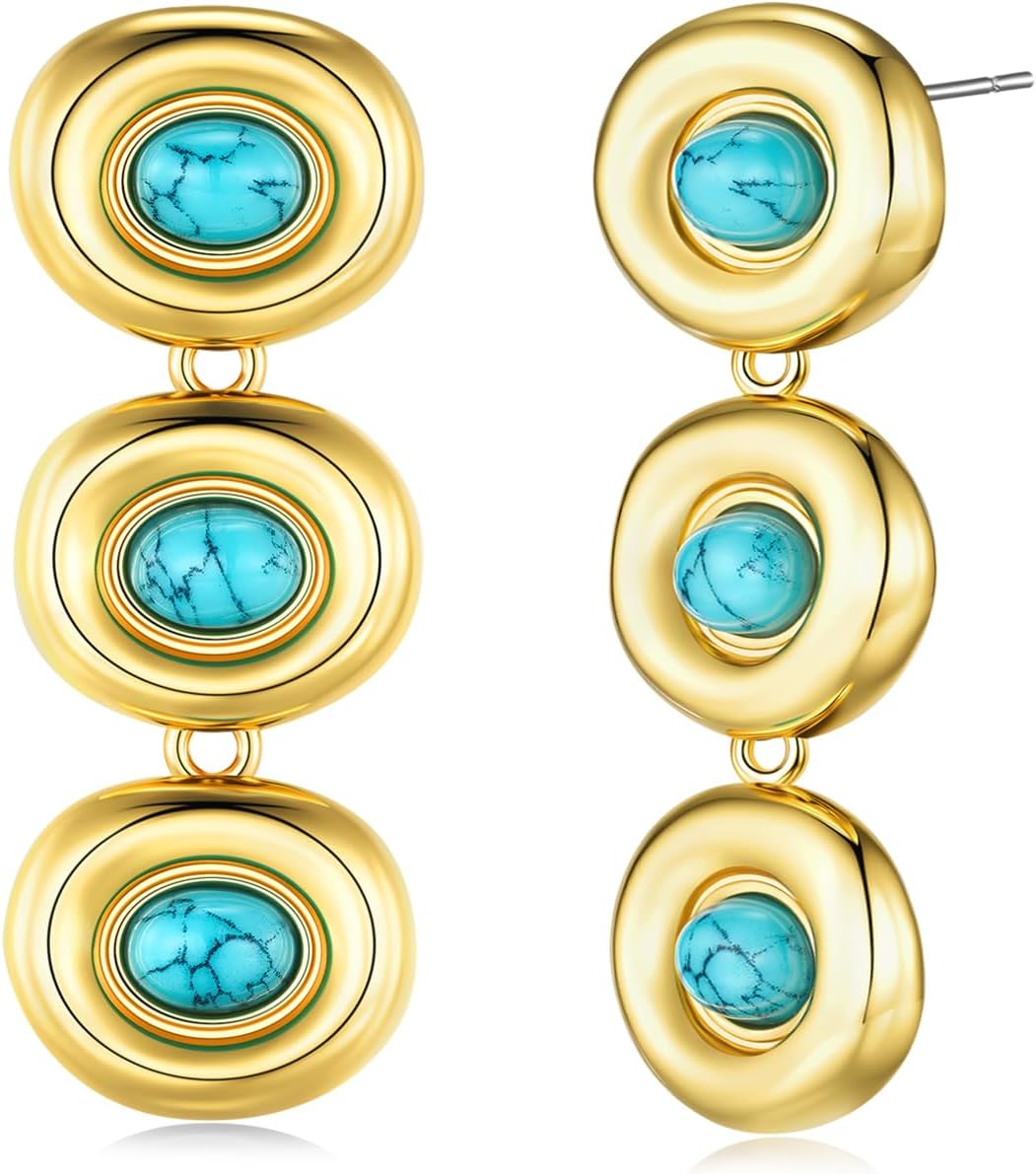 18K Gold Plated Blue Circular Round Oval Lapis Lazuli Resin Gemstone Long Dangle Drop Statement Earrings for Women by SNGIA, Chunky Vintage Retro Boho Bold Handmade Natural Exaggerated Trendy Bohemian Jewelry Gifts, Unique Baroque Dangling Stone Summer Beach Fashion Stud Earrings Accessories, Nickle Free Huggies Earrings
