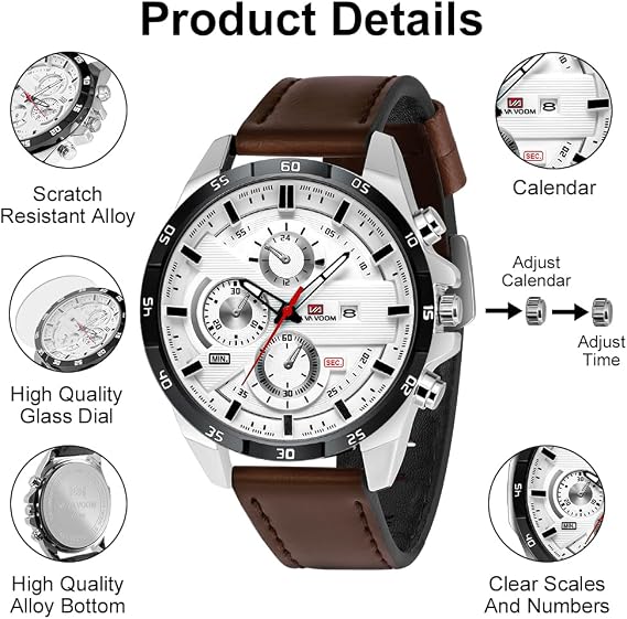 OFFCUP Mens Analog Quartz Watches, 55MM Leather Men's Chronograph Watch