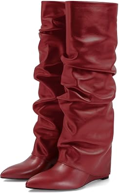 MICIFA Womens Fold Over Boots Slouch Knee High Boots for Women Wedge Heel Pull-on Pointed Toe Wide Calf Tall Shoes Black