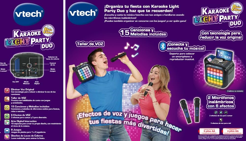 VTech - Karaoke Light Party Duo Disco Edition, Altavoz Potente, Karaoke Portátil con Bluetooth, 40W, Incluye 2 micrófonos inalámbricos, función Quitar Voz, Panel táctil, asa integrada, Versión ESP