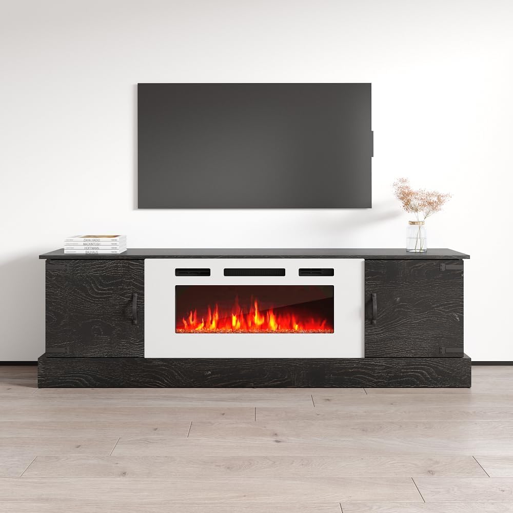 Meble Furniture Carmen WH-EF Electric Fireplace TV Stand — Modern High Gloss Entertainment Center with Storage — 63.8 x 16.5 x 28.3 inches — Espresso