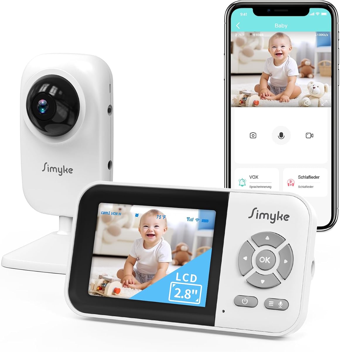 Monitor de vídeo para bebé con cámara, 1200 pies de largo alcance, aplicación, pantalla de 2,8", visión nocturna automática, 5 canciones de cuna, monitor de sonido, temporizador de alimentación, conversación bidireccional, para bebé/anciano/mascota, VOX/ECO, sensor de temperatura