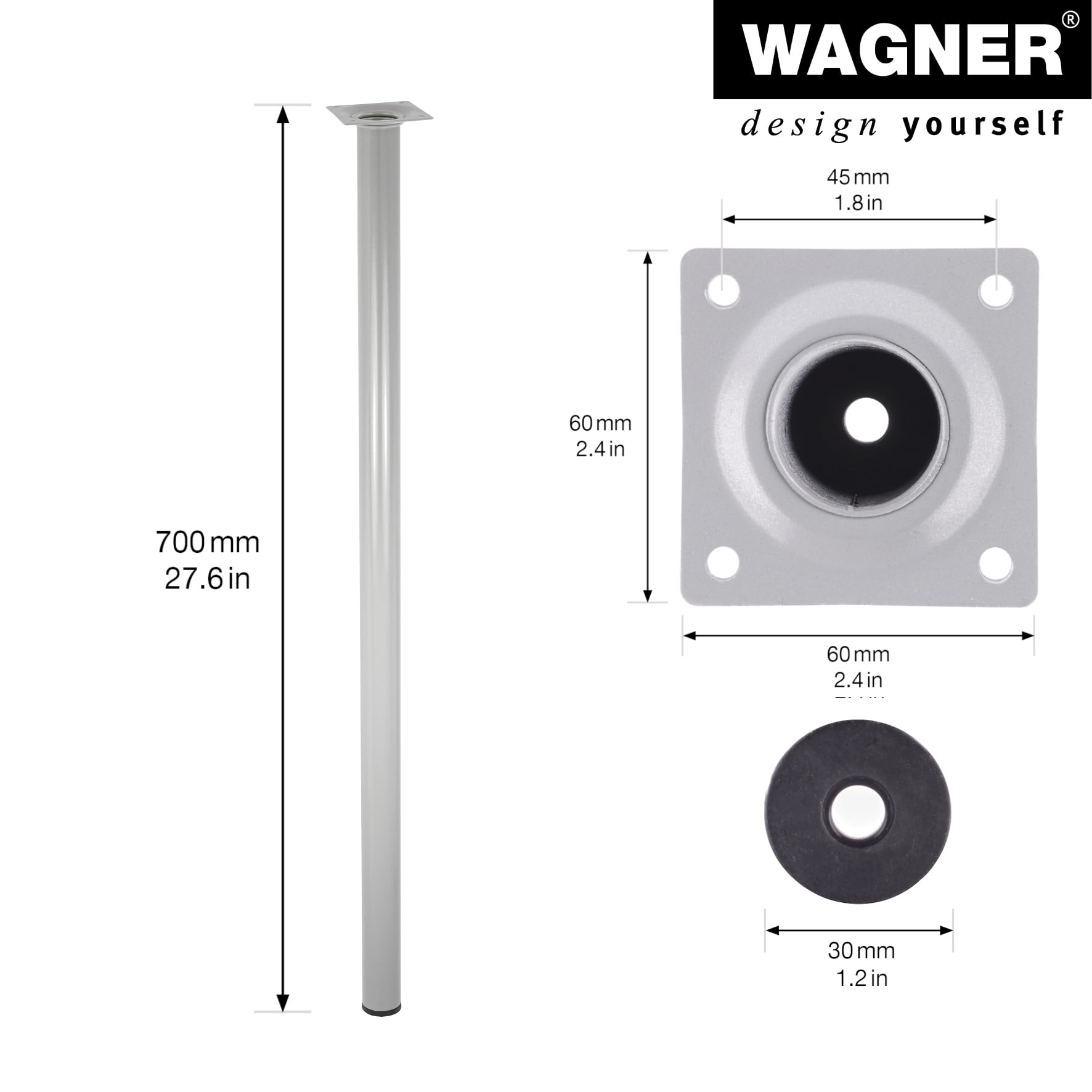 Wagner Classic Retro 12127001 Furniture Leg/Table Leg/Furniture Foot Diameter 30 x 700 mm Integrated Screw-On Plate 60 x 60 mm Internal Thread Diameter 10 mm Powder-Coated Steel Aluminium Silver - Image 2