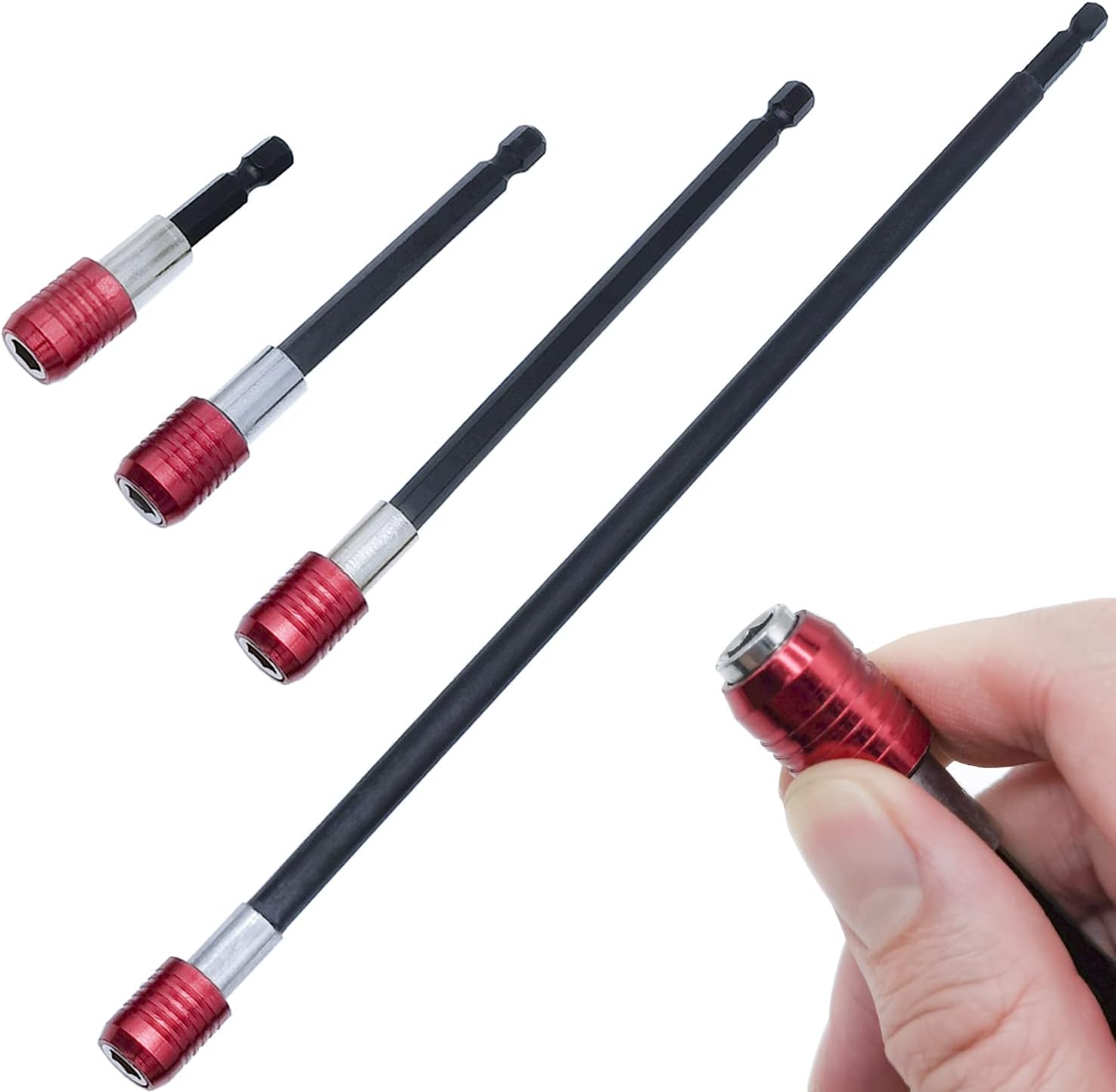 4 Pcs Drill Bit Extension Set | Magnetic Screwdriver Bit Holder | 1/4 inch Hex Quick Change Bit Holder | 2/4/6/12 inch Socket Chuck Adapter | for Impact Driver Screws Nuts Drill