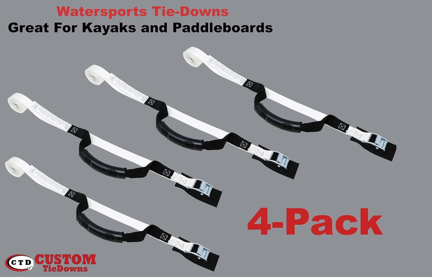 Kayak-Paddleboard Straps with Handle, 4-Pack, Durable Polyester Tie-Down Webbing, 1-Inch X 15 feet in Length, 1,050 Lb. Break Stength, Protective Pad Sewn Under cam-Buckle for Extra Protection, White