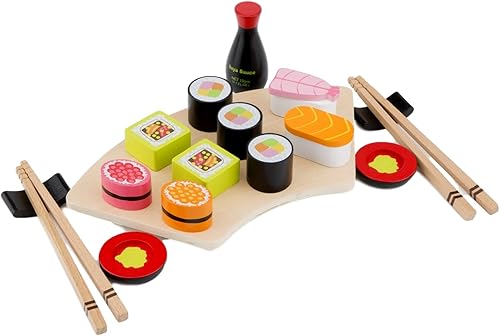 New Classic Toys Juego de sushi de madera - Juguete de simulación para niños, juguetes educativos de simulación de cocina y juguete de percepción