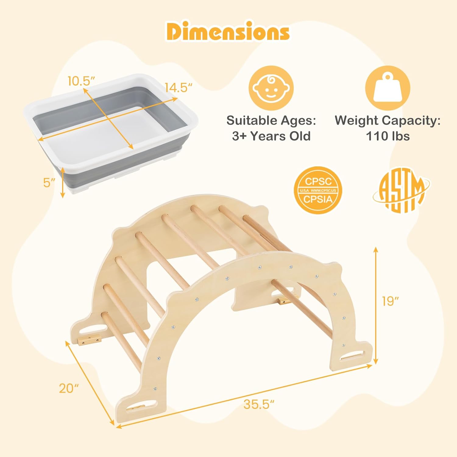 Costzon Wooden Arch Sensory Table for Kids, 8 in 1 Montessori Climbing Gym with Collapsible Storage Bin, Wooden Rocker Toy Learning Playset for Children 3+ Years Old Gifts (Large)