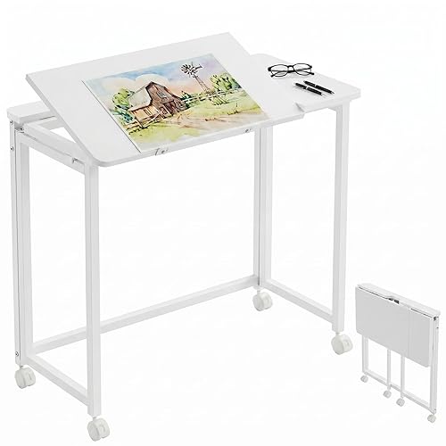 GreenForest Folding Desk with Adjustable Tilt Tabletop, 31.5 in Rolling