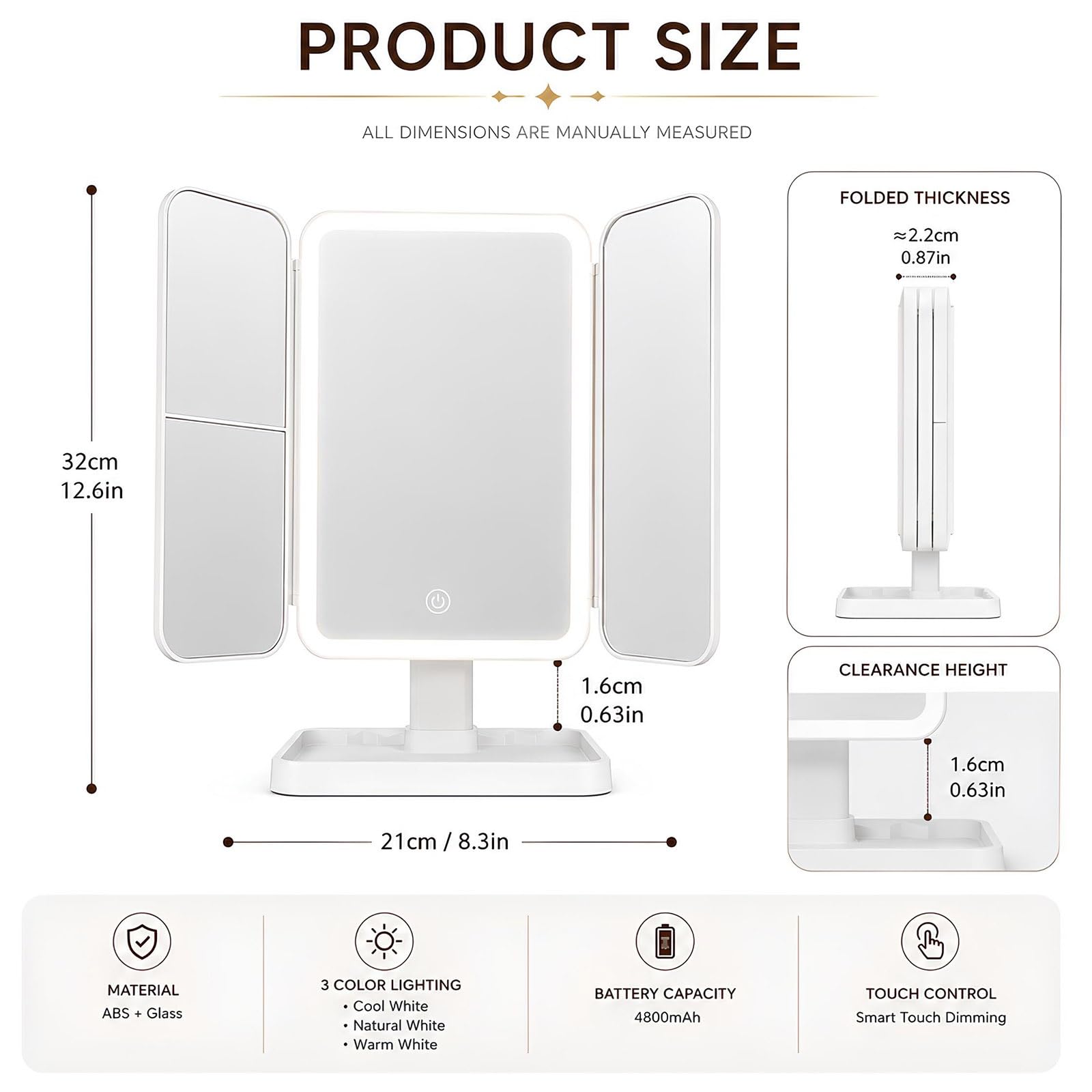 Espejo de Maquillaje LED Plegable, Espejo Cosmético Recargable con Aumento 1X/2X/3X, 3 Modos de Iluminación, Brillo Regulable, Control Táctil(Blush)