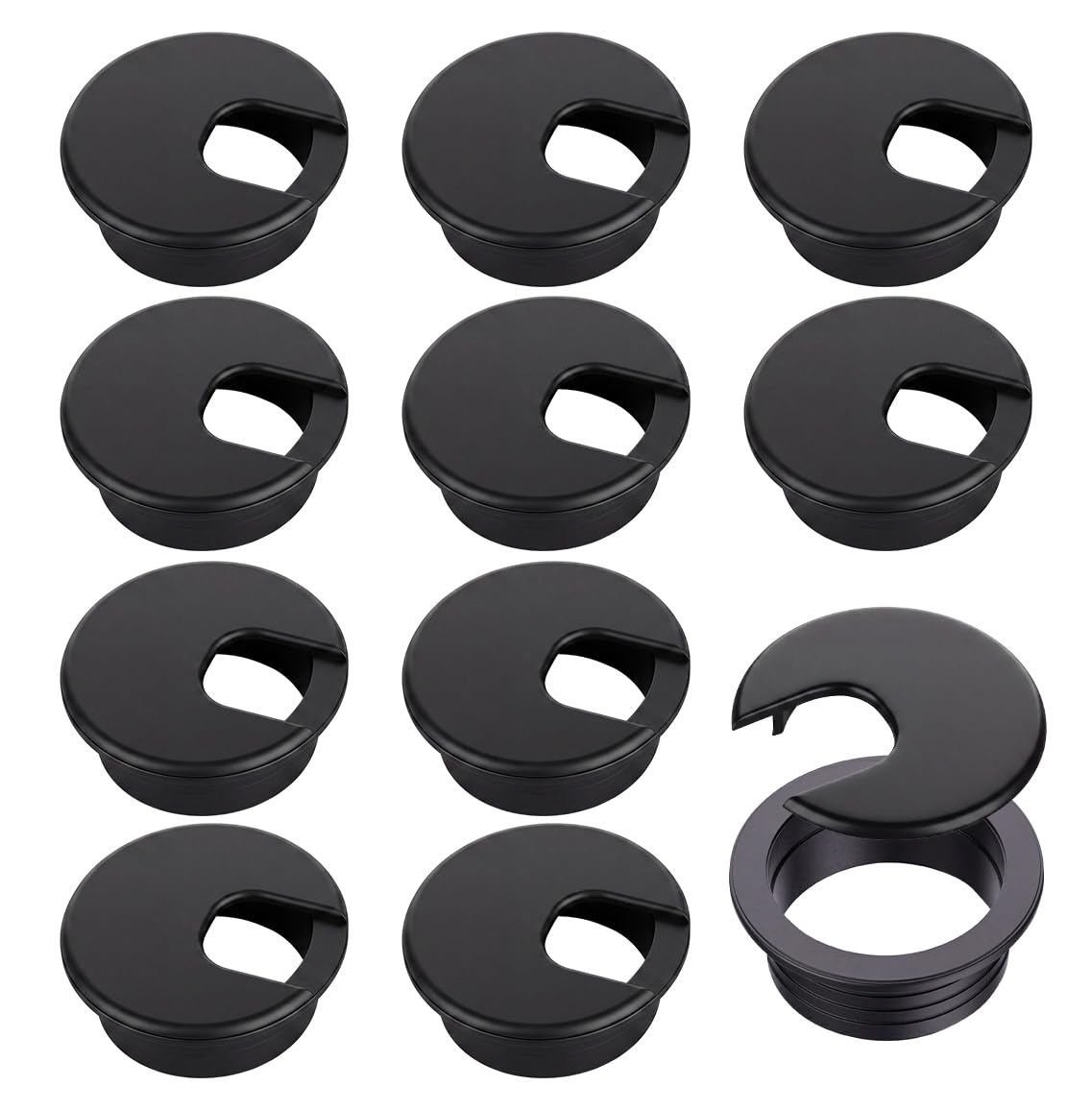 10 Pack Round Plastic Desk Grommets, Black Wire Organizer Caps, PC Computer Port Cable Hole Cover Plug Bushings, Perfect for Office Desk, TV Stands, Tabletops (63.5mm / 2-1/2 inch)
