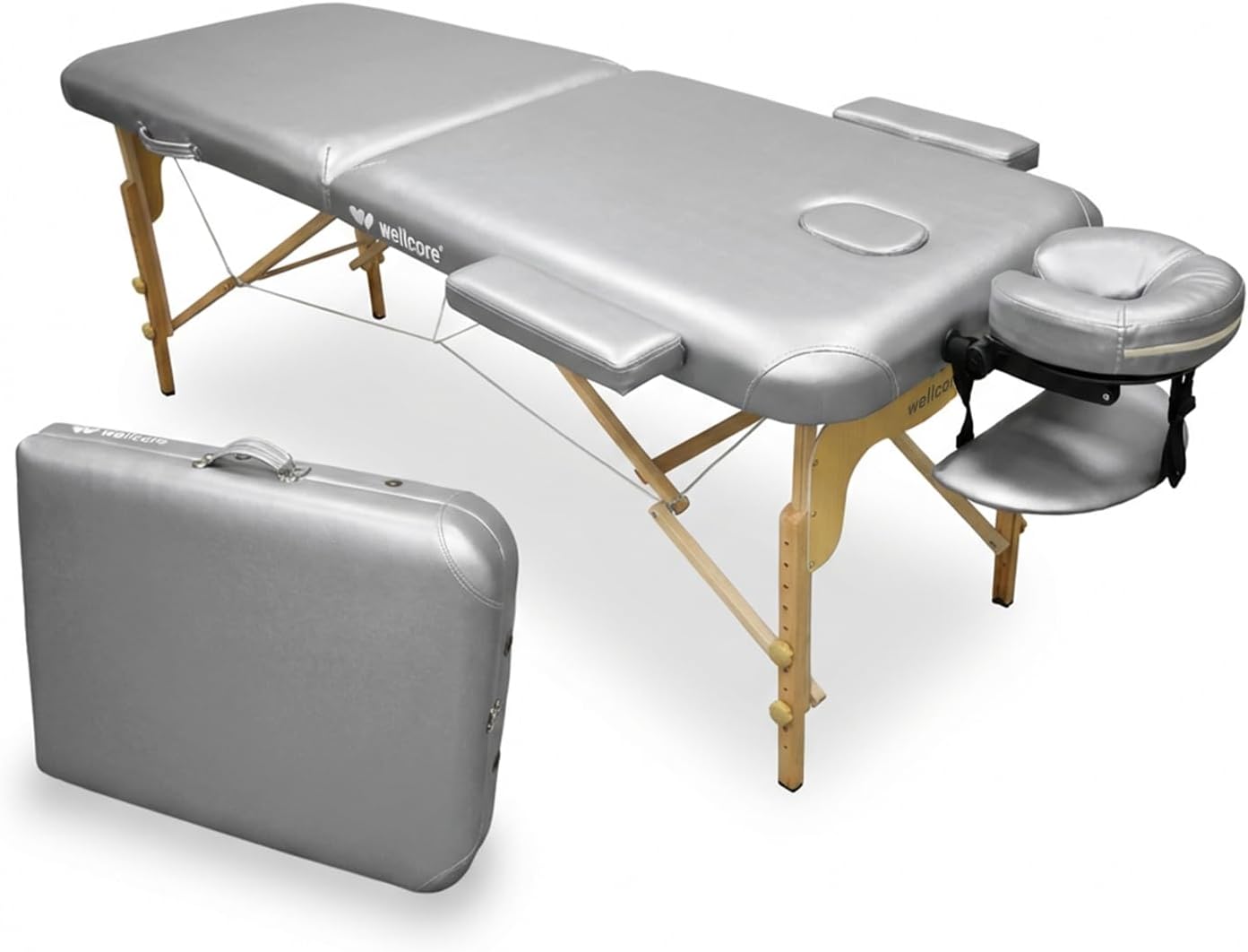 QUIRUMED WELLCORE Folding Massage Table, Made of Wood, Faux Leather, 185 x 65 cm, Adjustable Height, Removable Head, Two Extension Arms, Face Hole, Silver Colour, Up to 225 kg