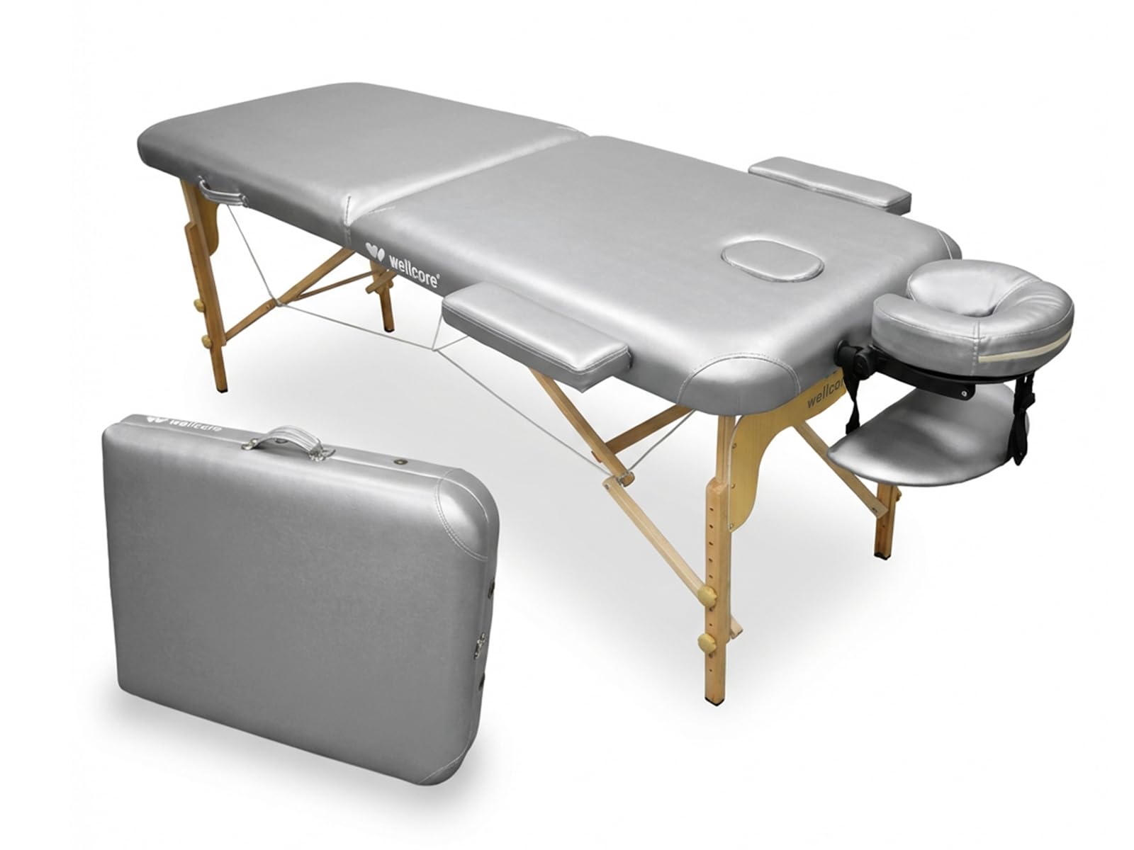 WELLCORE Table de Massage Pliable en Bois en Similicuir 185 x 65 cm, Hauteur réglable, tête Amovible, Deux Bras d'agrandissement, Trou Facial, Couleur Argent, jusqu'à 225 kg