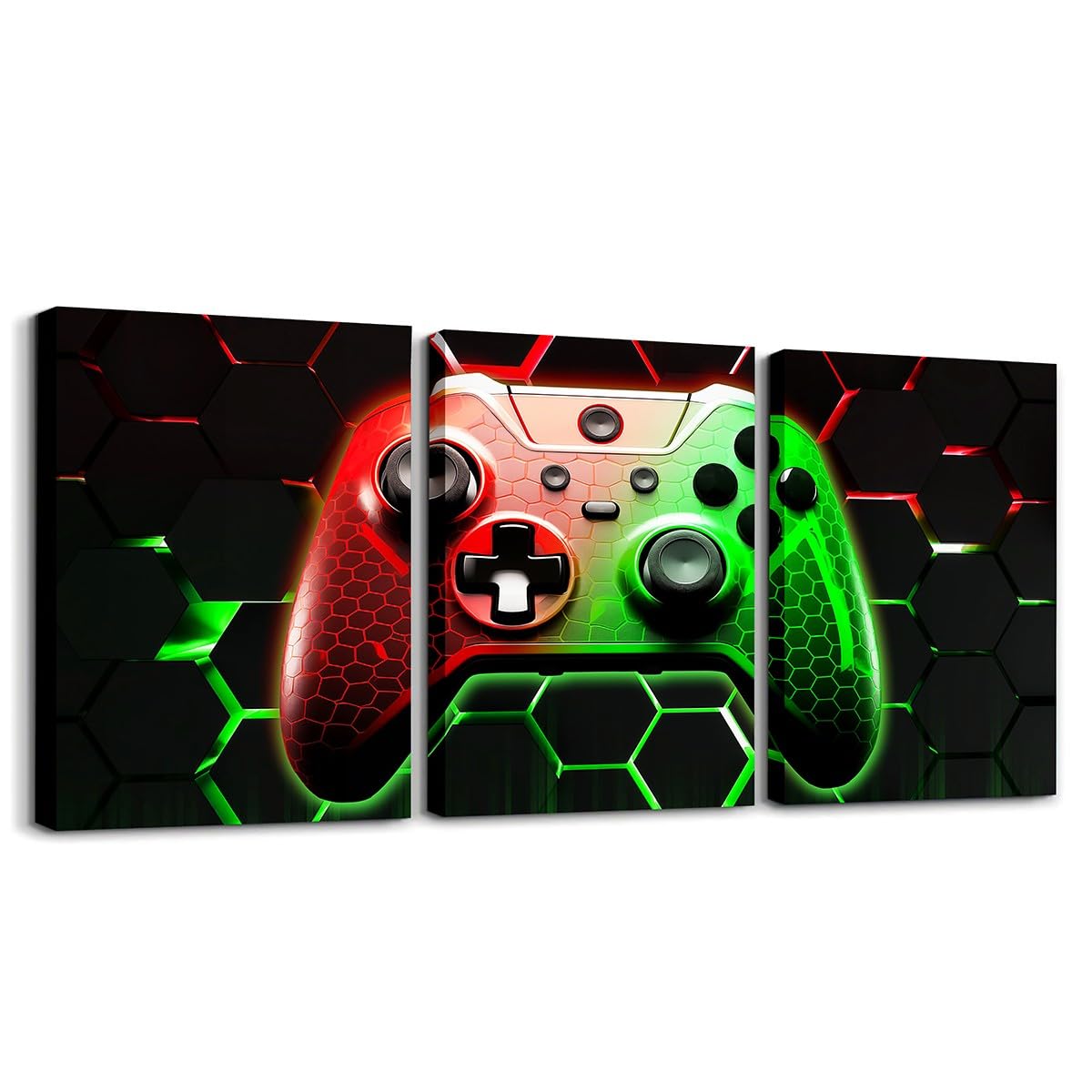 Manfei Lot de 3 toiles murales de jeu vidéo pour salon, chambre à coucher, jeux vidéo - Motif géométrique rouge et vert