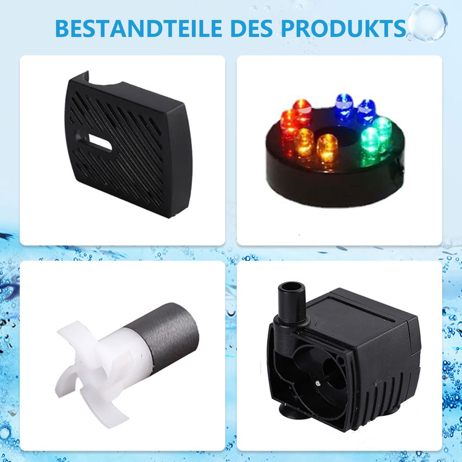 CAM2 Mini pompa wodna z 8 diodami LED i przyssawkami, pompa do fontanny 280 l/h, 4 W, 220 V-240 V, 50/60 Hz, regulowana ilość wody 8/13 mm, nadaje się do małych akwariów, pomp akwariowych, ogrodów