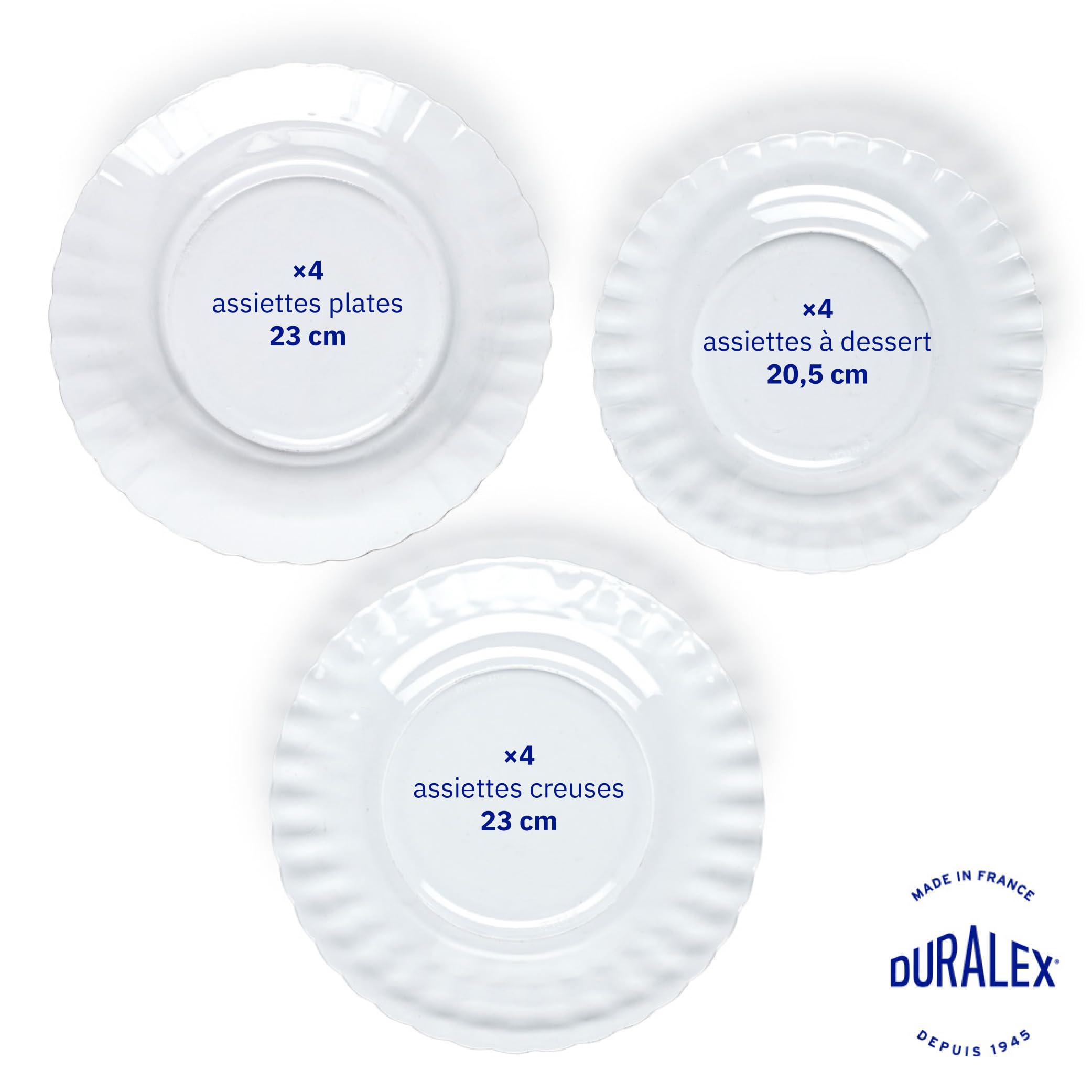 Duralex® - Service de 12 Assiettes Ondulées Le Picardie® - Plate 23cm, Creuse 23cm, Dessert 20,5cm - Verre Transparent Ultra Résistant aux Rayures,Compatible Micro-ondes,Lave-Vaisselle,Made in France