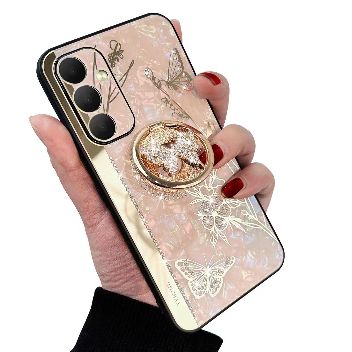 Changjia for Samsung Galaxy A14 Kickstand Case, Cute Glitter Bling 3D Diamond Rhinestones Butterfly with Ring Stand Shockproof Marble Shell Floral