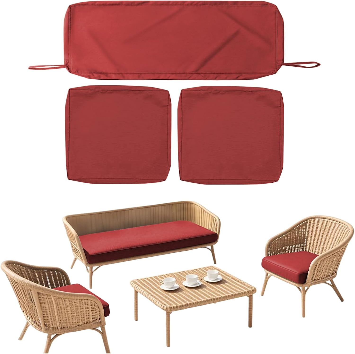 SK Studio 3Pcs Outdoor Cushion Covers Waterproof Patio Furniture Seat Cushions Replacement Covers for 4-Seater Wicker Rattan Chair Loveseat, 42x18x2, 18x18x2, Red