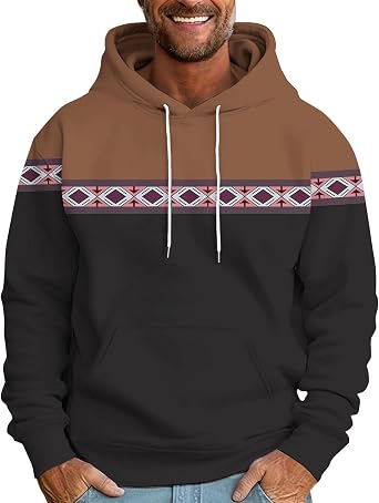 Western Aztec Ethnic Hooded Sweatshirts for Men 2024 Trendy Long Sleeve Ethnic Graphic Tee Shirts Loose Hoodies