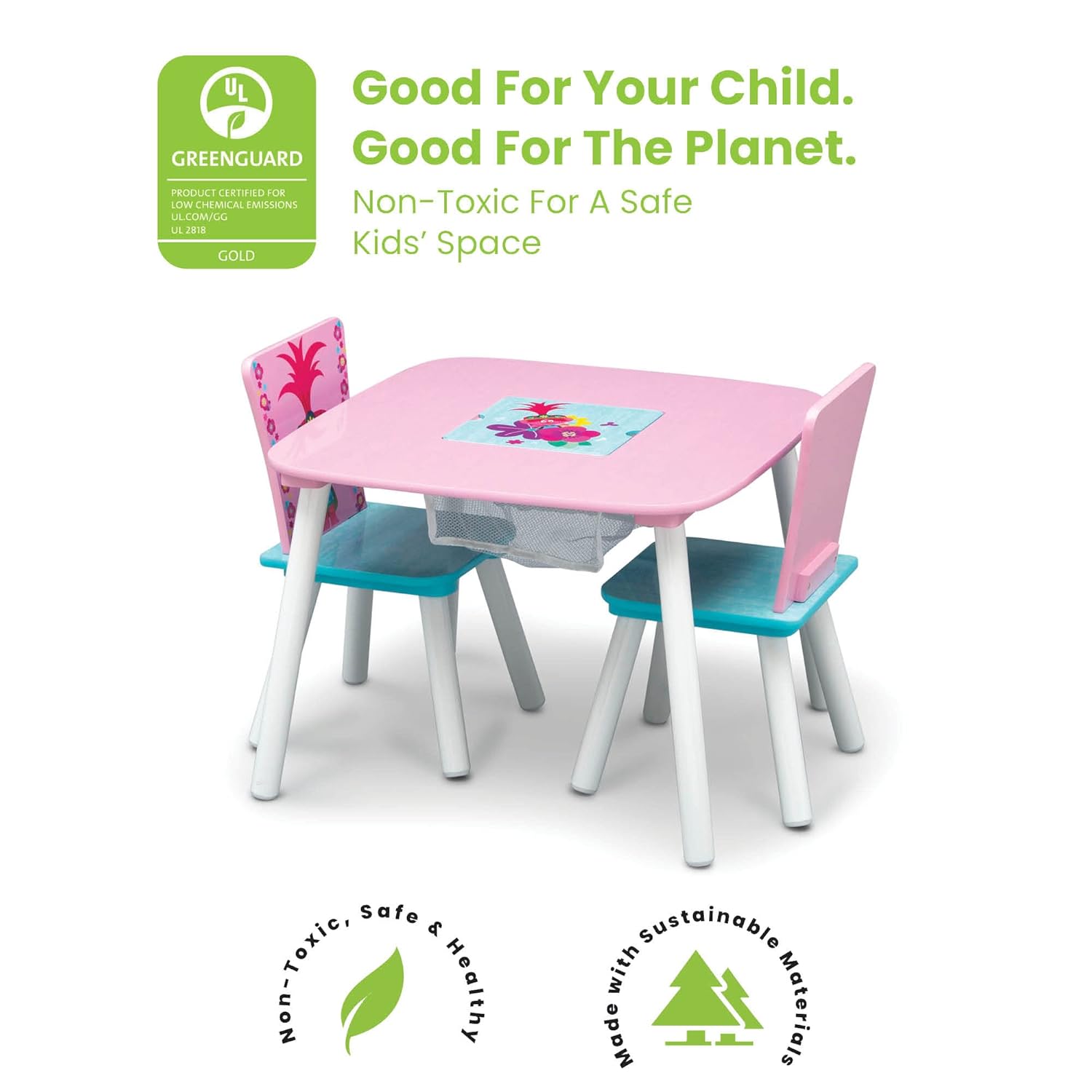 Delta Children Kids Table and Chair Set with Storage (2 Chairs Included), Trolls World Tour