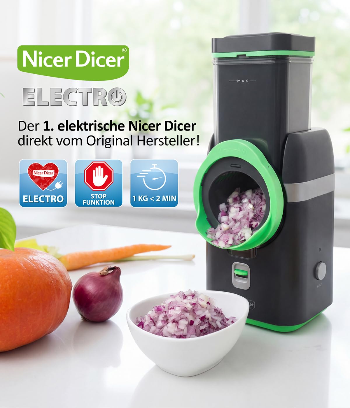 Nicer Dicer Electro Gemüsehobel elektrisch Deluxe Set 32 tlg, Gemüseschneider automatisch, Käsereibe für Gemüse, Obst, Nüsse, 9 Extrascharfe Einsätze, Einfache Reinigung, Leistungsstark