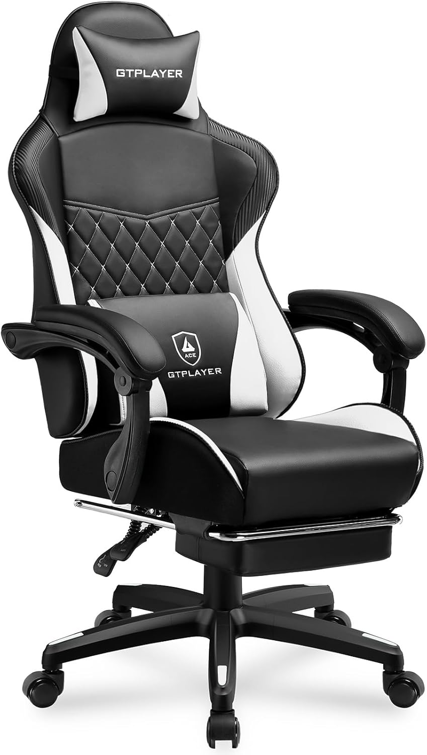 GTPLAYER Gaming Chair, High Back Leather Computer Gaming Chair with Footrest, Ergonomic Height Adjustable Office Chair with Removable Cover and Lumbar Support for Gaming and Work (White)