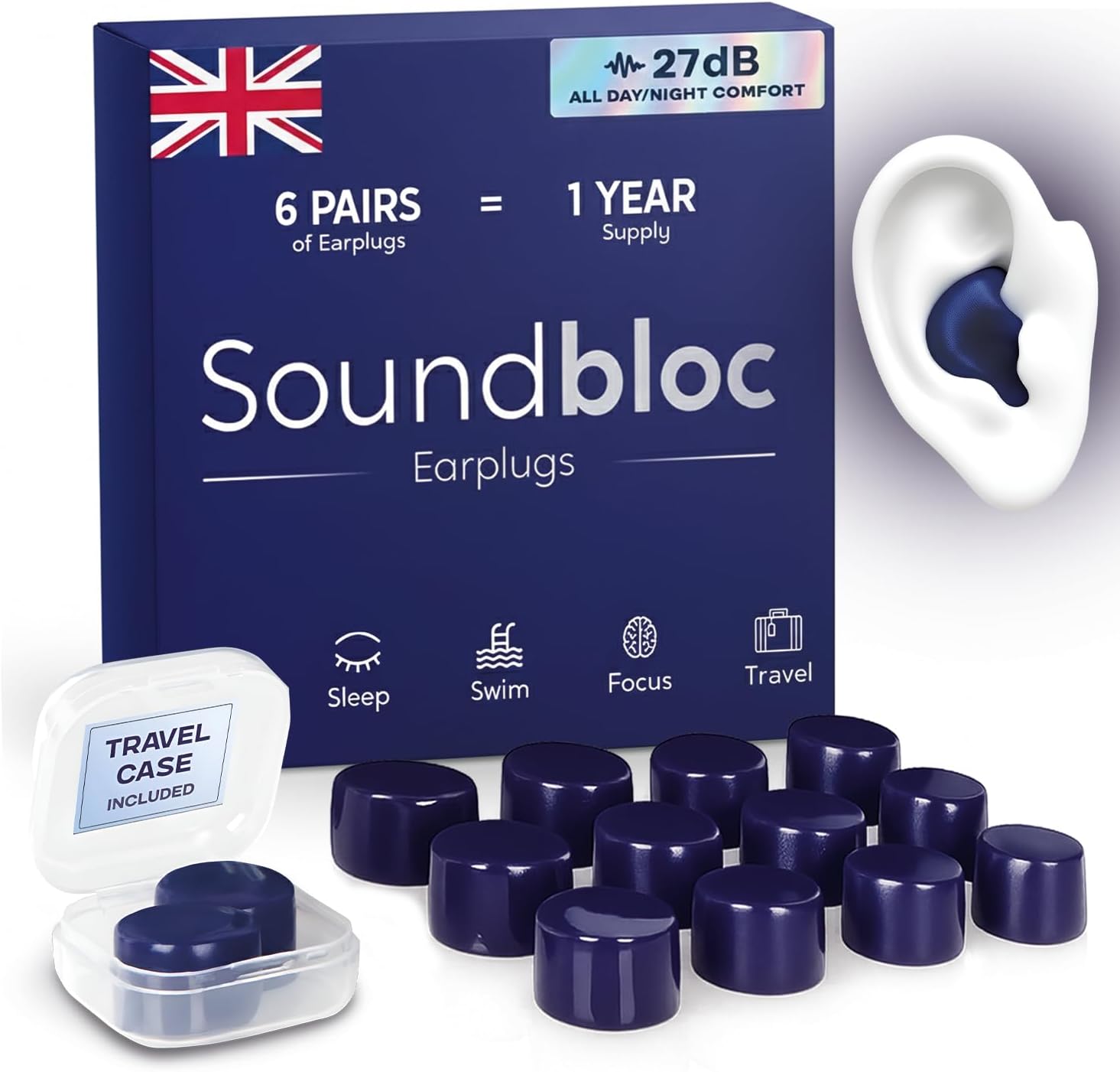 Ear Plugs for Sleep - 1 Year Supply - Custom Fit Noise Cancelling Reusable Soft Silicone, 27dB Sound Reduction - Swimming, Travel, Focus, Work. (Midnight, Medium - Large)