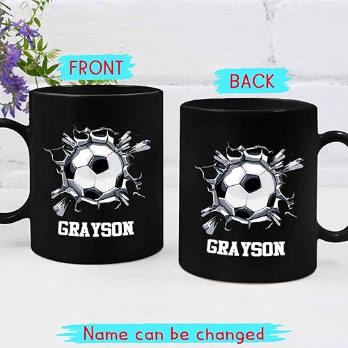 Miniatura 2 de Taza de cerámica negra personalizada con nombre, regalos para jugadores de pelota de fútbol, amantes del deporte, tazas de café personalizadas de 11