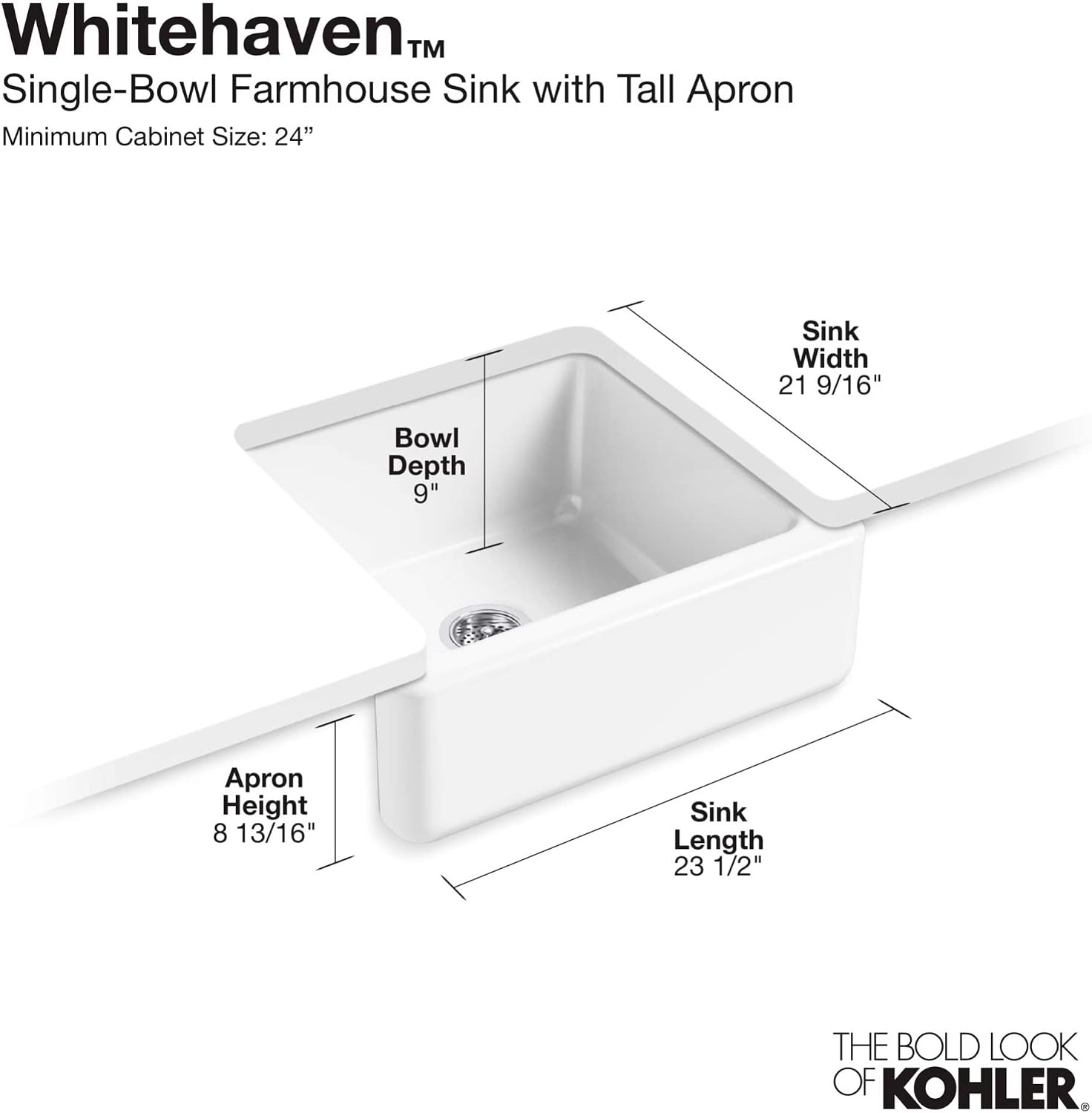 KOHLER K-5665-7 Whitehaven Farmhouse Self-Trimming 23-11/16-Inch x 21-9/16-Inch x 9-5/8-Inch Undermount Single-Bowl Kitchen Sink with Tall Apron, Black
