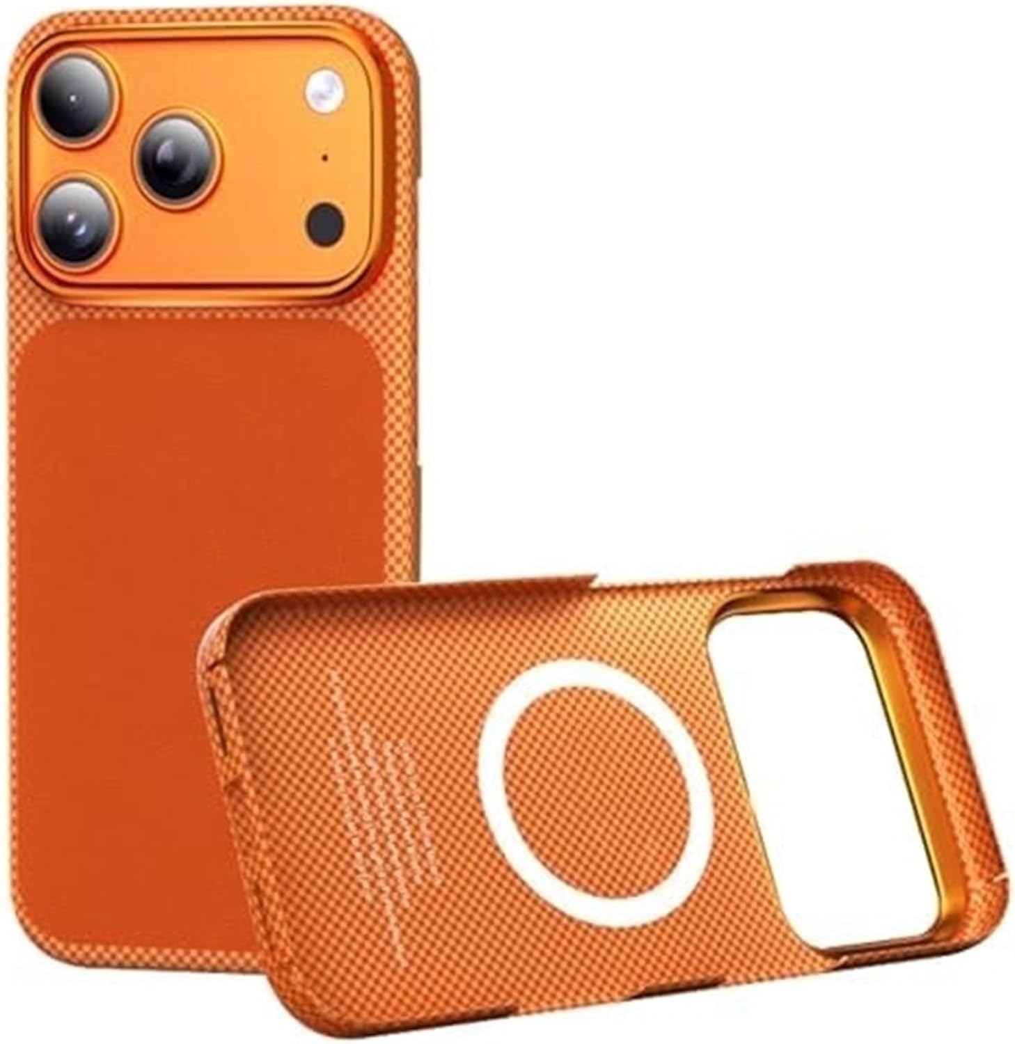 Genuine Leather Case for iPhone 17 Pro/17 Pro Max, Luxury Carbon Fiber Pattern, Magnetic Internal Shell, Handmade Slim Cover(Orange,17 Pro)