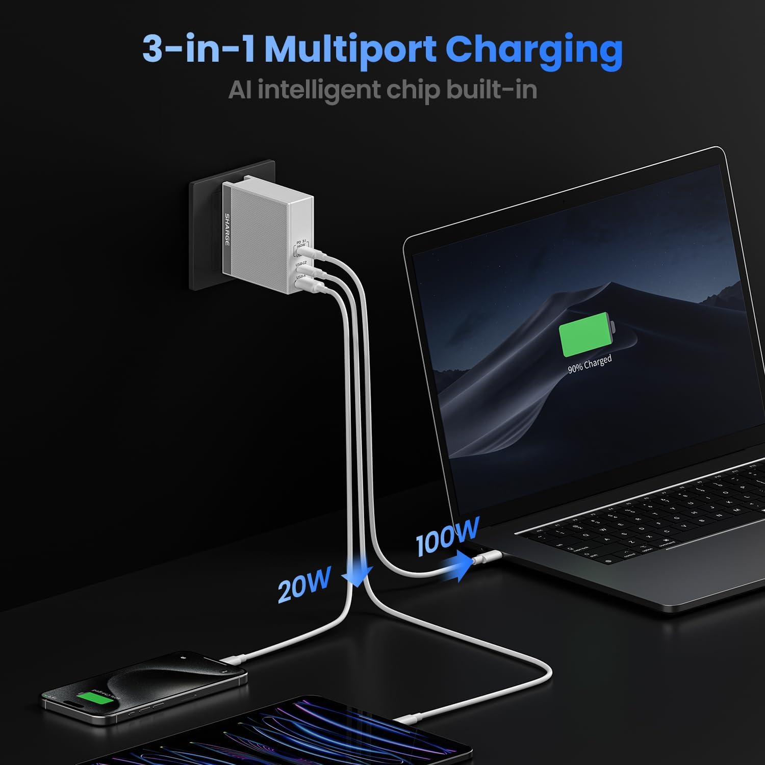 SHARGE USB C Charger for Laptops 140W GaN Fast Charger with USB C and USB A, PD3.1 Power Adapter Compatible for MacBook Chromebook Surface iPhone 17/16/15 iPad PC Tablets (Cable Not Included)