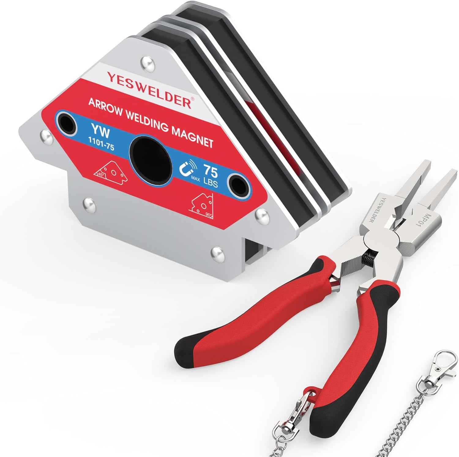 YESWELDER 75 LB Welding Magnet 2 Pieces of Magnetic Welding Holder 75 LBS Holding Power & 8-Inch MIG Welding Pliers with Rentention Chain