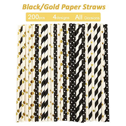 Paper straws for drinking, disposable biodegradable cocktail straws, perfect for Birthday, Party Supplies , Baby shower, Wedding/Bridal, Holiday Decoration, Gexolenu (Black Gold, 200pcs/pack)