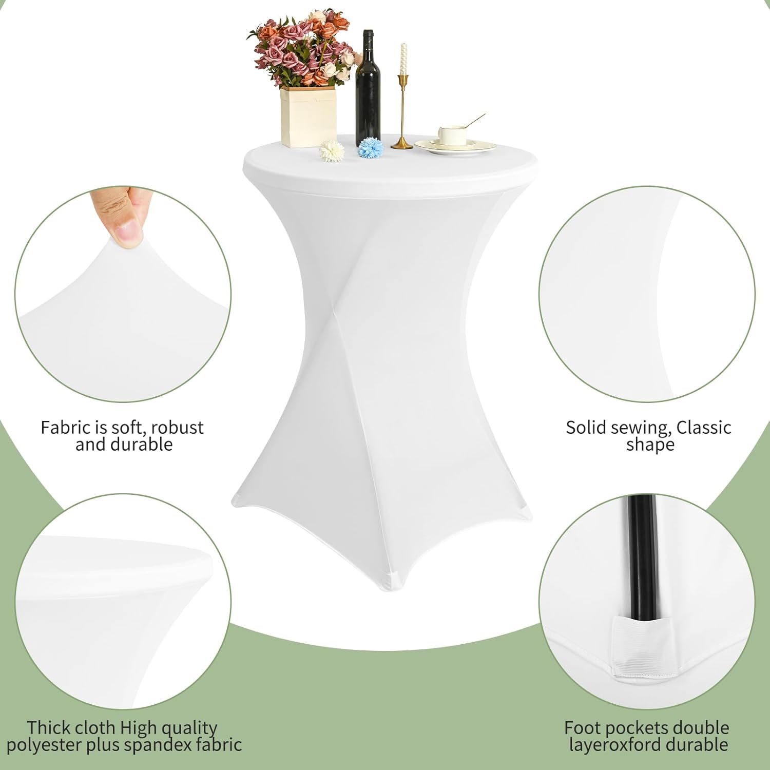 12 Pack 32x43 Inch Spandex Cocktail Table Covers, Fitted High Top Table Covers for Round Tables, Square Corners Cocktail Table Tablecloth for Wedding Bar Cocktail Party Banquet Birthday (12pc White)