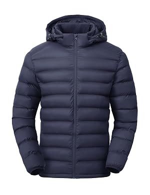 TBMPOY Mens Lightweight Puffer Jackets Detachable Hood Water-Resistant Casual Winter Coat Hooded Insulated for Travel Ski