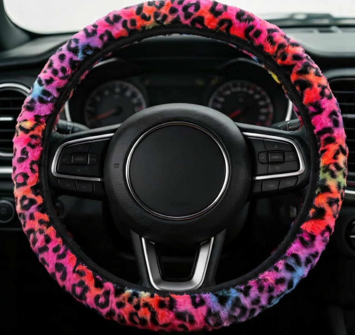 Pink Cheetah Print Steering Wheel Cover, Girly Colorful Leopard Fuzzy Steering Wheel Cover, Cute Soft Comfy Women Fluffy Wheel Protector 14.5"-15", Prevent Wheel So Hot in Summer