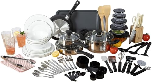 Gibson Home 74 Piece Kitchen in a Box Pots and Pans Cookware, Plates and Bowls Dinnerware, Cutlery Knife Block, Flatware Utensils, Kitchen Tools & Gadgets, Kitchen Storage, Glasses Set