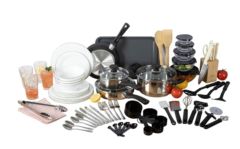 Gibson Home 74 Piece Kitchen in a Box Pots and Pans Cookware, Plates and Bowls Dinnerware, Cutlery Knife Block, Flatware Utensils, Tools & Gadgets, Storage, Glasses Set
