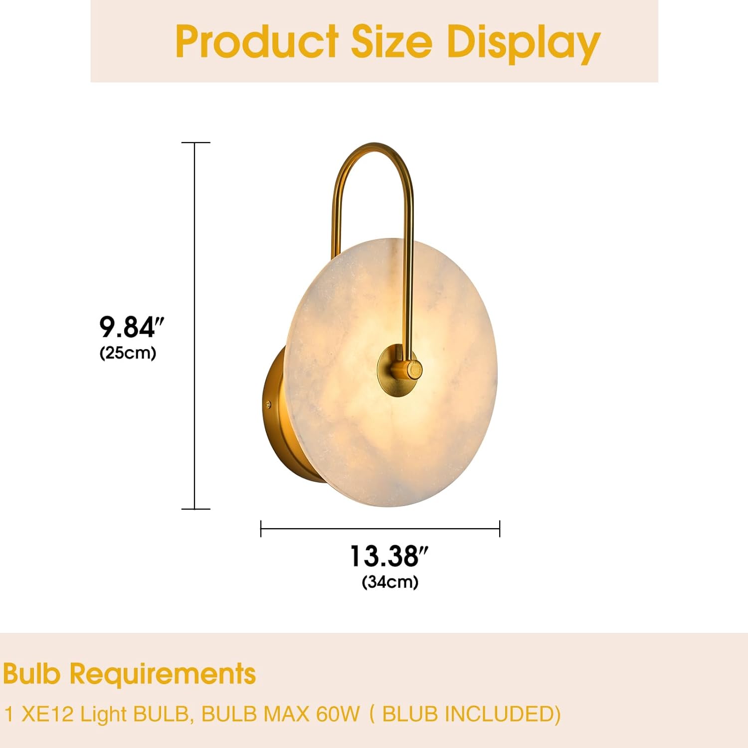 Round Alabaster Wall Sconce, Natural Marble Lampshade Wall Sconce, Hardwired Circular Sconce LED Modern Wall Lamp for Bedroom, Stairs, Living Room, Bedside, Hallway 9.84 Inch Gold