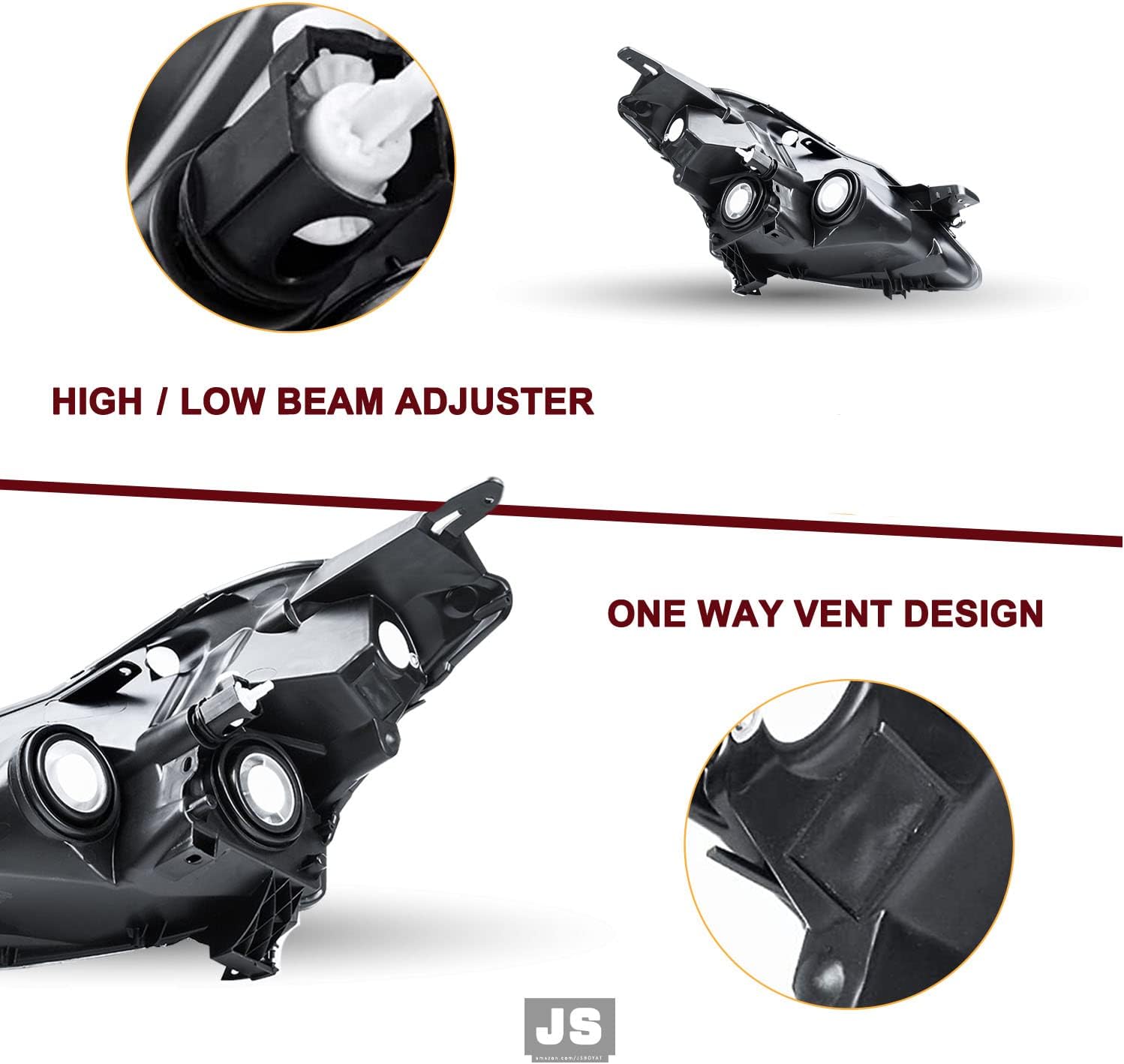 JSBOYAT Headlight Assembly Replacement for 2007 2008 2009 Nissan Altima 4 Door Sedan Halogen Headlamp Driver and Passenger Side Black Housing with Amber Reflector