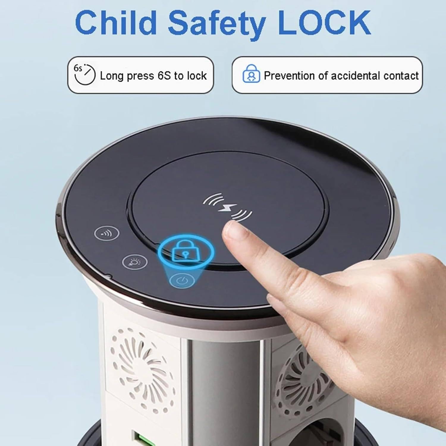 Automatyczna listwa zasilająca z wysuwaną konstrukcją, port USB, ładowanie bezprzewodowe, głośniki Bluetooth i WiFi
