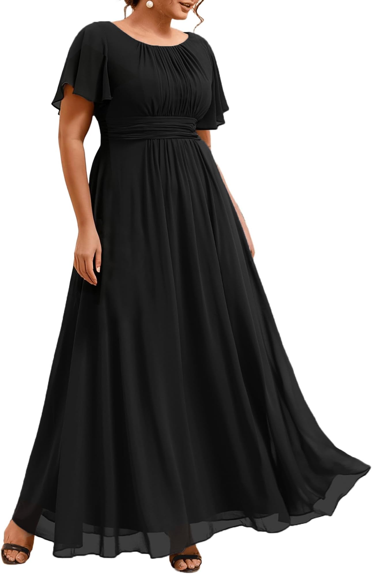Womens Plus Size Formal Dresses Round Neck A Line Chiffon Short Sleeves Bridesmaid Mother of The Bride Dress