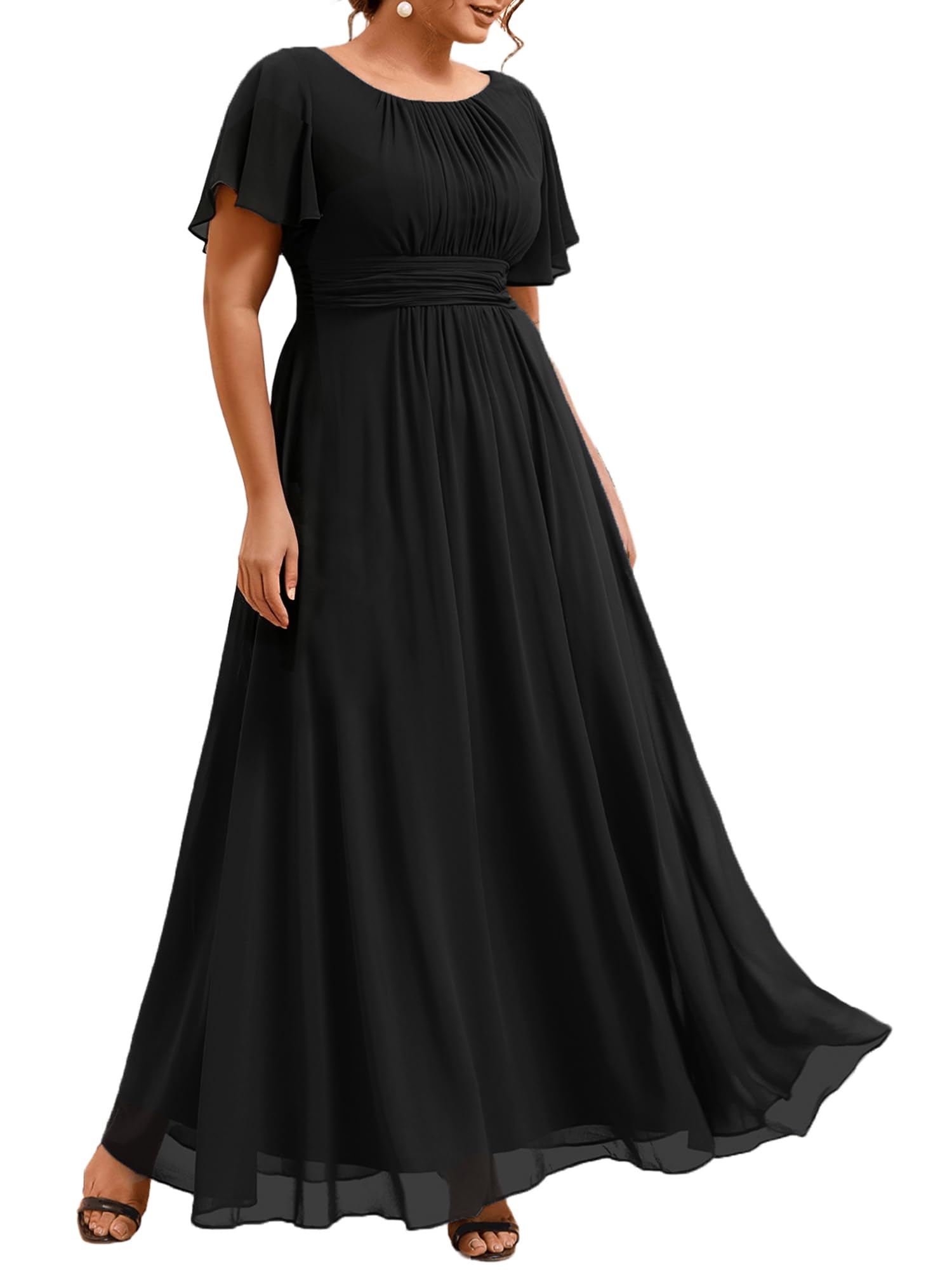 Womens Plus Size Formal Dresses Round Neck A Line Chiffon Short Sleeves Bridesmaid Mother of The Bride Dress
