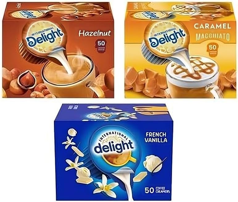 International Delight Coffee Creamers Liquid Non-Dairy Creamer Singles Variety Pack, French Vanilla, Caramel Macchiato, & Hazelnut - Non Dairy, No Refrigeration - Box Of 150 BIGZI