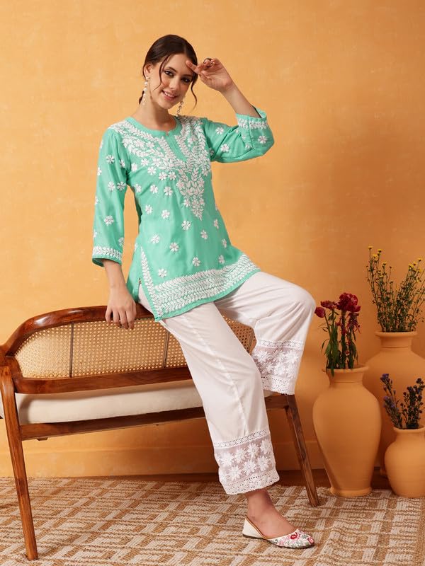 Image of Ada Hand Embroidered Lucknowi Chikankari Muslin Top for Women A911420 | Lucknowi Short Kurta Kurti Tunic Casual Wear Ethnic Wear Chikan Work Straight handcrafted top Kurti for Office