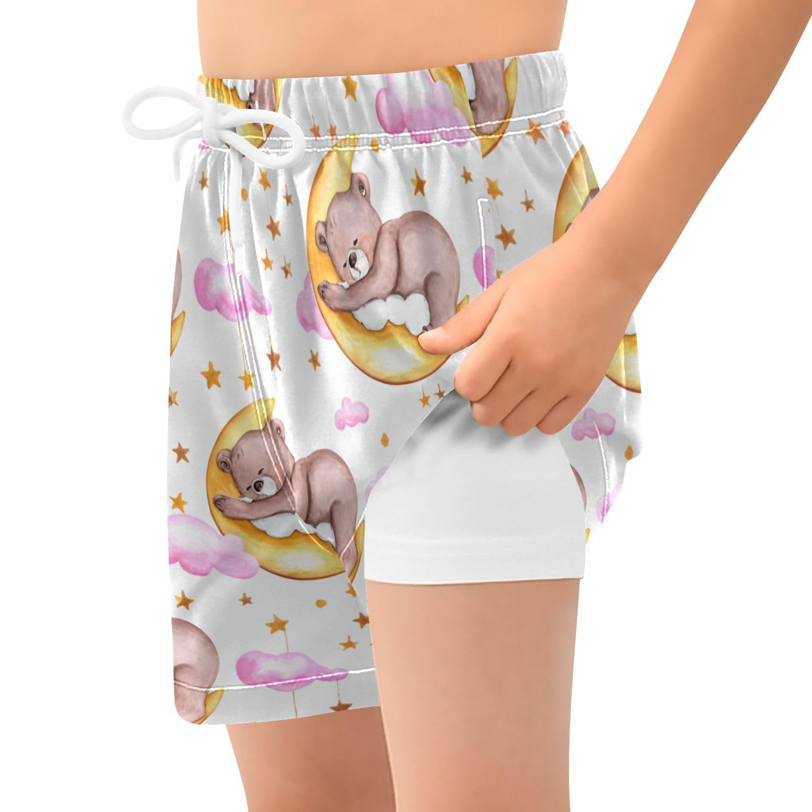 YANENDIE Boy Swim Trunks with Compression Liner Watercolor Sleeping Bears Boys Swim Shorts Quick Dry Beach Shorts
